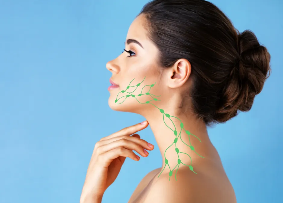illustration over a woman's neck and face showing the lymph system